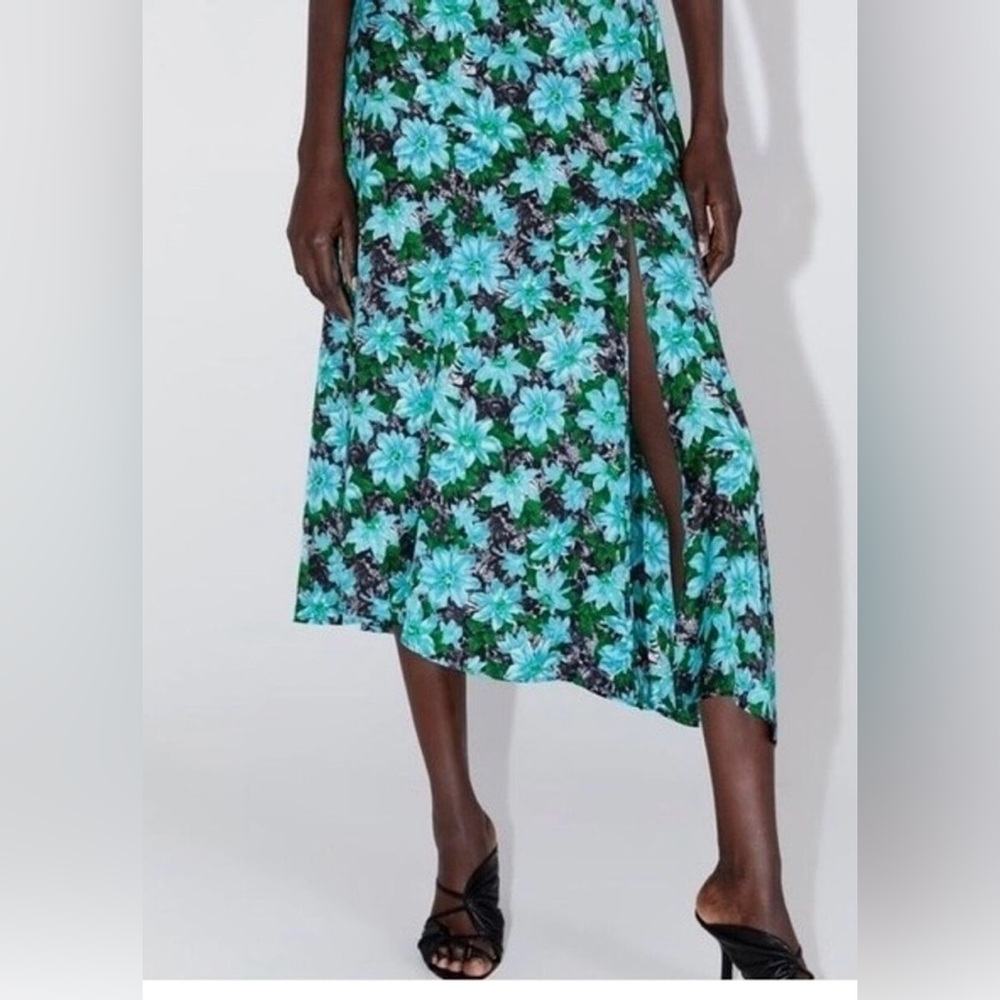 ZARA Vibrant Blue & Green Floral Midi‎ Skirt Satin Size S 
Made in Morocco EUC